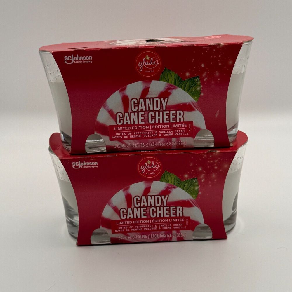 Two Packs Of‎ 2 Glade Candles Candy Cane Cheer Peppermint Vanilla Cream 6.8oz